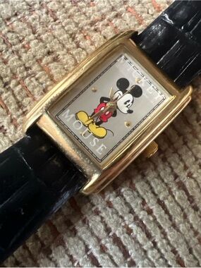 Mickey Mouse Gold-Tone Rectangular Watch with Black Strap